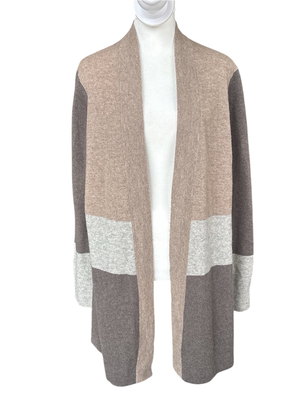 Charter Club Luxury Cashmere Colorblock Open Front Cardigan Tan/Grey/Brown L